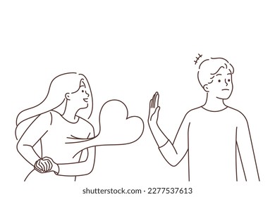 Young man reject woman in love showing affection. Stubborn guy say no to girl feeling in love. Relationships problems. Vector illustration. 