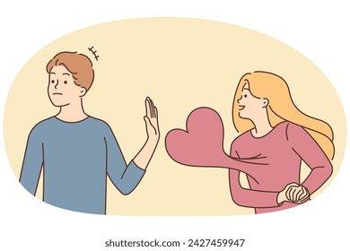 Young man reject woman in love showing affection. Stubborn guy say no to girl feeling in love. Relationships problems. Vector illustration.