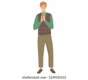 Young man rejoices smiling claps his hands. Boy in casual clothes stands isolated on white expresses emotion of surprise. Happy male character glad in what she sees at meeting person in good mood