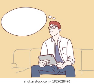 Young man relax on couch at home using tablet look in distance dreaming thinking. Hand drawn in thin line style, vector illustrations.