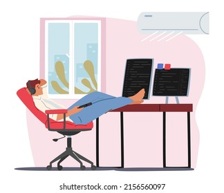 Young Man Relax At Workplace With Working Conditioner At Home. Character Feeling Good In Warm Summer Extreme Hot Weather, Summertime Seasonal Heat, Cooling Equipment. Cartoon Vector Illustration