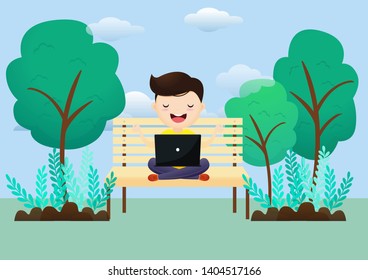 Young man relaxes after working on a laptop sitting in a lotus pose outdoors. Freelancer meditates sitting on the swing. vector, illustration