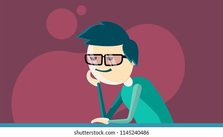 The young man relaxes thinking. Purple background. Flat style. Vector
