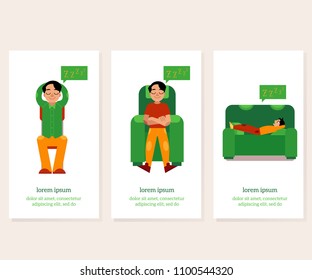 Young man relaxing banners set with male character relaxes - boy regain strength sitting and lying in comfortable furniture, flat cartoon vector illustration with copy space.