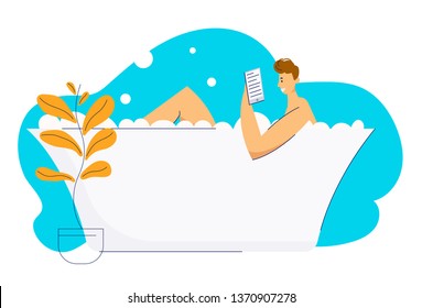 Young Man Relaxing in Bath and Reading E-book. Male Character in Bathroom with Book. Guy Relax in Bathtub Full of Foam. Vector flat cartoon illustration