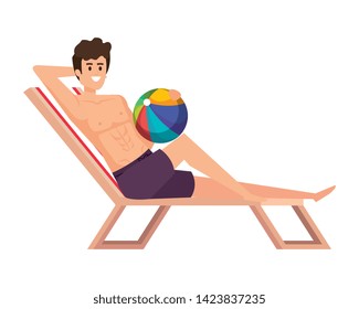 young man relaxing in beach chair with balloon toy vector illustration design