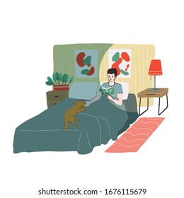 Young man is relaxing in the bed with the book. His dog is sleeping on the bed too. Daily routine, hand drawn vector illustration cute cartoon style.