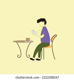 a young man relaxing by drinking a cup of coffee. with the concept of a cafe. The illustration of a flat isometric image