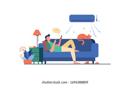 Young man relaxing at couch under air conditioner flat vector illustration. Cartoon guy in cold room chatting via smartphone. Digital technology and summer home concept