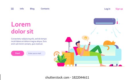 Young man relaxing at couch under air conditioner flat vector illustration. Cartoon guy in cold room chatting via smartphone. Digital technology and summer home concept