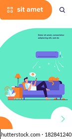 Joven relajándose en el sofá bajo un aire acondicionado de ilustración vectorial plana. Hombre de caricatura en habitación fría charlando a través del smartphone. Tecnología digital y concepto del hogar de verano
