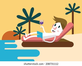 Young man relaxing and enjoying on the beach with his wine glass. flat vector illustration