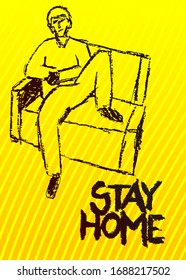 Young man relaxing at home. Guy sitting on a couch. Crayon drawn vector illustration.