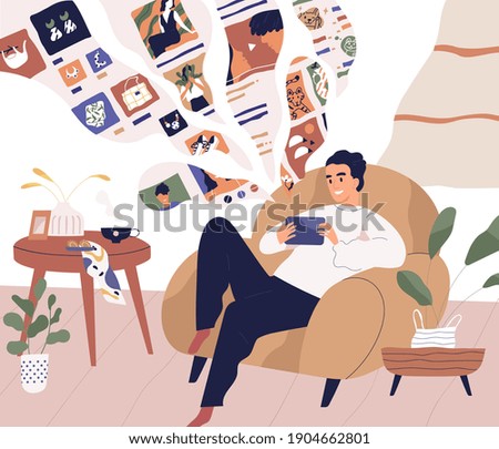 Young man relaxing at home and using tablet PC. Guy surfing internet with smartphone, chatting and shopping online while sitting in armchair in cozy room. Colored flat vector illustration