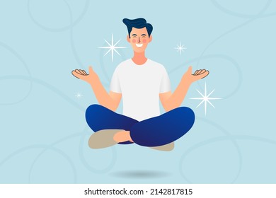 Young man relaxing in meditation. Man deeply meditating, doing breathing yoga exercises alone. healthy lifestyle, stylized vector illustration.