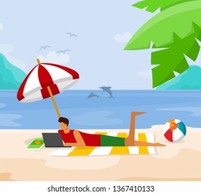 Young Man Relaxing on Beach Lying with Laptop on Sand Under Umbrella near Sea Coast. Freelancer Working Distant, Online Education, Smart Internet Technology in Life. Cartoon Flat Vector Illustration.