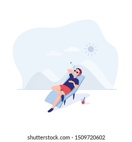 Young man relaxing on beach and enjoy the music at the sea, vacations lifestyle concept﻿