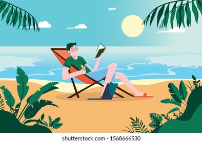 Young man relaxing on a beach, reading a book, having a drink with laptop in sand. Ocean in the background, and the sun is going down. Freedom, recreation and vacation concept. Vector illustration.