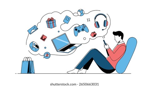 Jovem relaxando na cadeira com gadgets digitais e ícones de entretenimento na bolha de pensamento mostrando estilo de vida moderno e hobbies