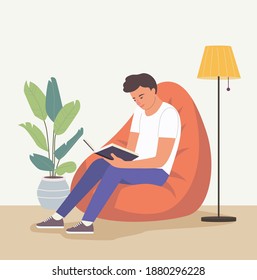 Young man is relaxing on comfortable beanbag chair and reading book. Vector flat illustration
