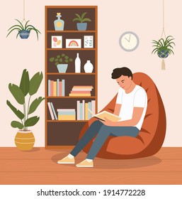 Young man is relaxing on comfortable beanbag chair and reading book. Vector flat cartoon illustration