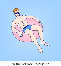 Young man relaxing on inflatable donut lifebuoy isolated on background, Hand drawn style illustration vector.