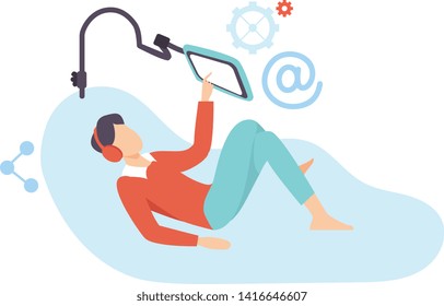 Young Man Relaxing on Sofa with Digital Gadget and Headphones Vector Illustration