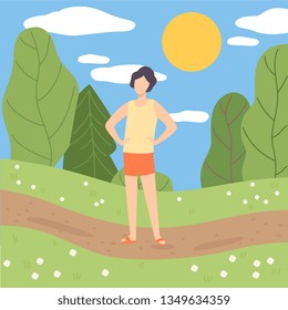 Young Man Relaxing in Park, Guy Standing on Summer Season Background Vector Illustration