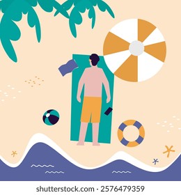 Young man relaxing and sunbathing on sandy beach at seaside. Summertime, vacation. Male character lying on towel under umbrella at sea resort. Tropical exotic beach. flat vector illustration