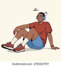 Young Man Relaxing While Listening to Music with Headphones Cartoon Illustration