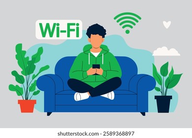 Young Man Relaxing with Wi-Fi and Smartphone