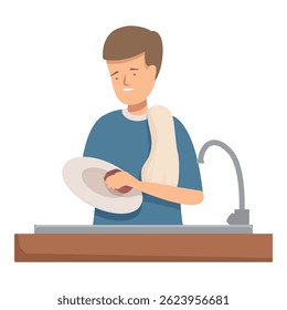 Young man is reluctantly performing a household chore, washing dishes