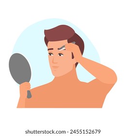 Young man removing hair from eyebrows with tweezers at home vector illustration