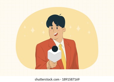 Young man reporter is asking for interview concept for banner, poster, website, etc.