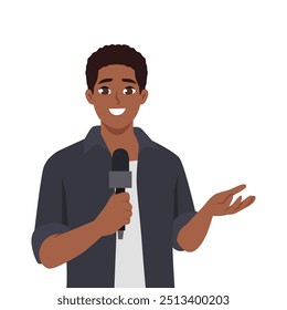 Young man reporter with microphone. Flat vector Character illustration