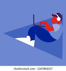 Young man representing his skills and knowledge working on laptop computer. Education & professional career establishment basics metaphor. Flat vector illustration.