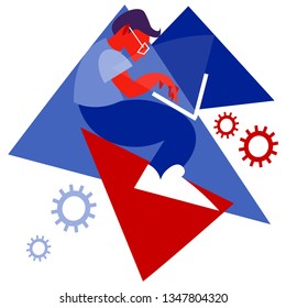 Young man representing his skills and knowledge working on laptop computer. Education & professional career establishment basics metaphor. Flat vector illustration.