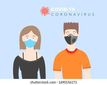 
young man in a respirator and a young woman in a medical mask - coronavirus covid-19 concept, vector illustration