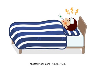 Young man rest in bed who suffers fever of disease - Full length