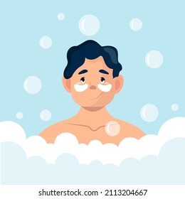 A young man is resting in the bathroom. Relaxation, water treatments, spa treatments, self-care. Vector illustration in cartoon style