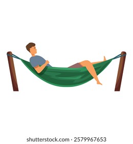 Young man is resting in a hammock, enjoying the peace and quiet of his vacation