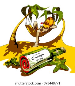 Young man resting in a hammock on the beach. Not read incoming messages. White background