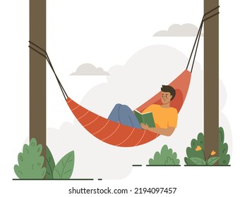 Young man resting at nature, laying in hammock and reading book. Vector flat illustration.