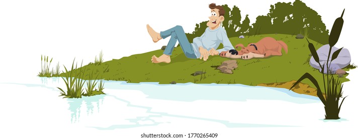 Young man resting near water. Funny people. Stock illustration. 