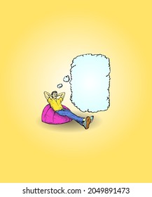 A young man resting on a beanbag sofa with a blank thought cloud over his head. Hand drawn vector illustration.