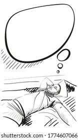 Young man resting on bed and thinking with thought bubble, wearing eye glasses, t-shirt and underwear. Black and white vector sketch, Hand drawn illustration
