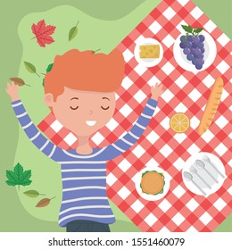 young man resting on blanket picnic nature meadow vector illustration