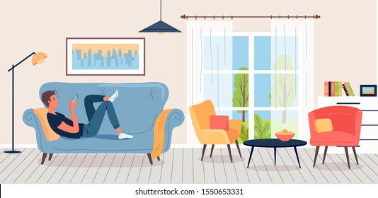 Young man resting on the comfortable sofa in the modern apartment vector illustration