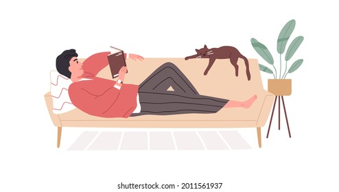 Young man resting on sofa and reading book. Relaxed person with novel in hands, lying on couch at cozy home. Bookworm spend time with literature. Flat vector illustration isolated on white background