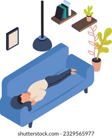 Hombre joven descansando en el sofá de su hogar Concepto isométrico, Hombre de Edad Media Tomando una siesta en el diseño del icono del vector del sofá, Símbolo de actividad de las vacaciones semanales, Signo de días de descanso de la semana, fines de semana perezosos ilustración de la gente